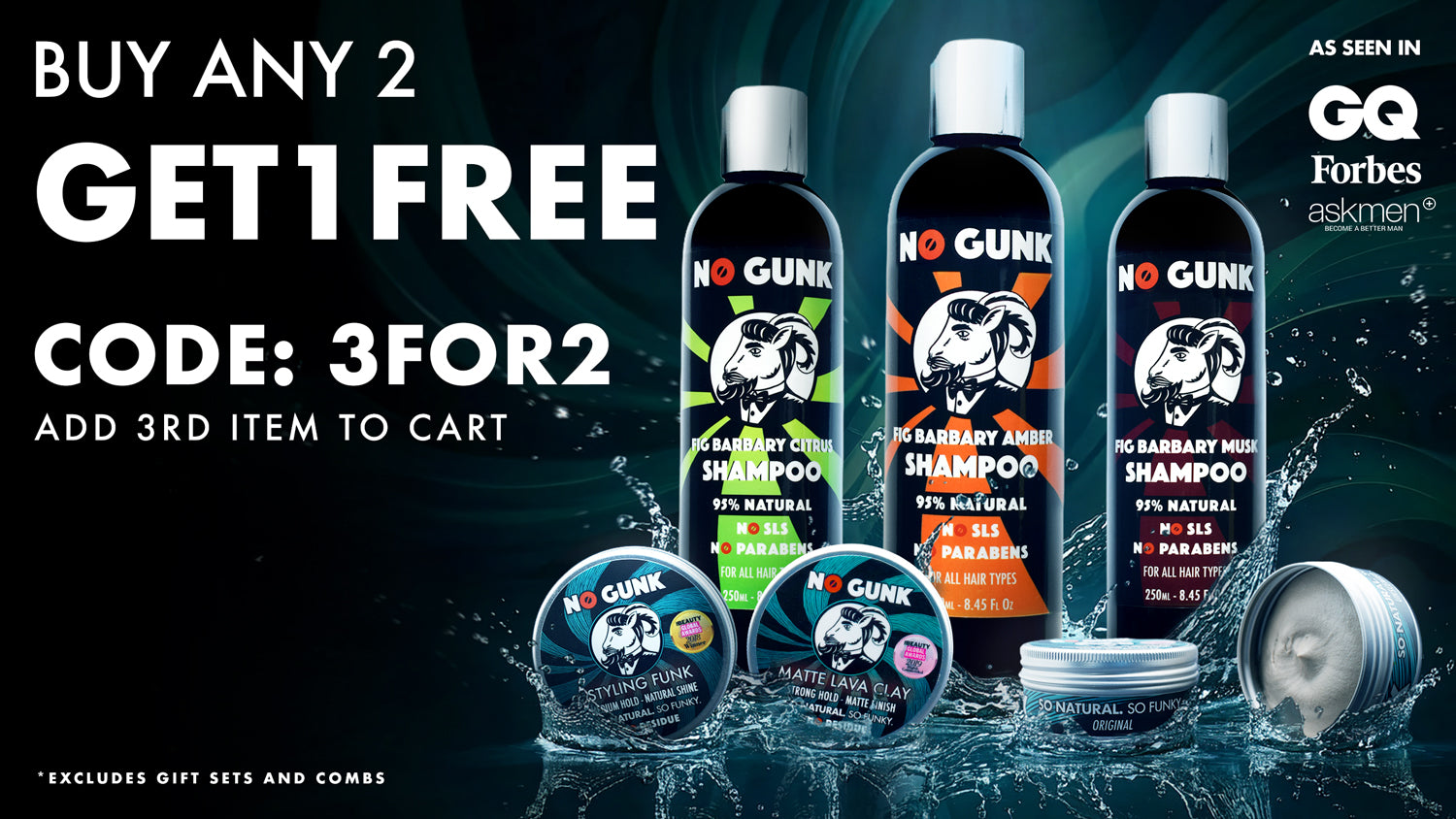 NO GUNK all natural haircare hair styling products for men black friday deals discount natural hair clay hair wax hair cream shampoo deodorant balm