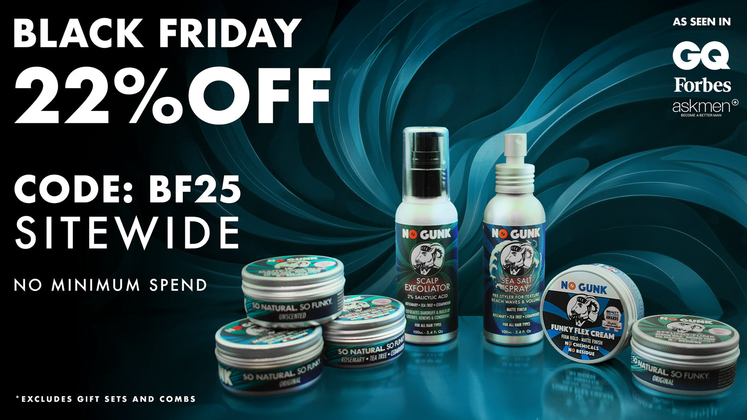 NO GUNK all natural haircare hair styling products for men black friday deals discount natural hair clay hair wax hair cream shampoo deodorant